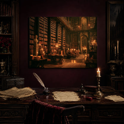 The Long Gallery print hanging above an antique writing desk set with a quill in an inkwell, aged manuscript pages, red wax seals and a lit brass candlestick, beside a bookcase holding red roses and a gothic painting to the right.