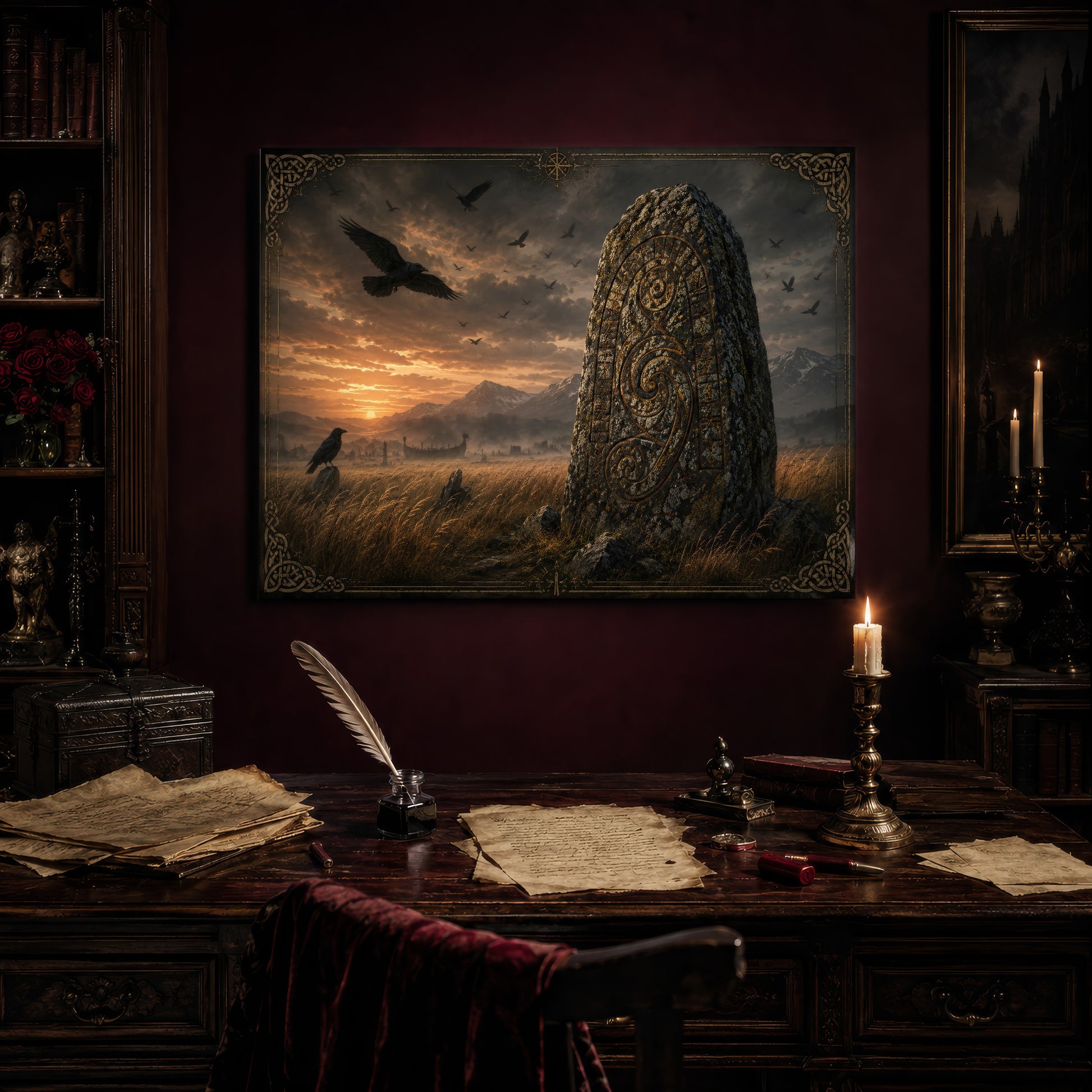 The Harvest Stone print hanging above an antique writing desk set with a quill in an inkwell, aged manuscript pages, red wax seals and a lit brass candlestick, beside a bookcase holding red roses and a gothic painting to the right.