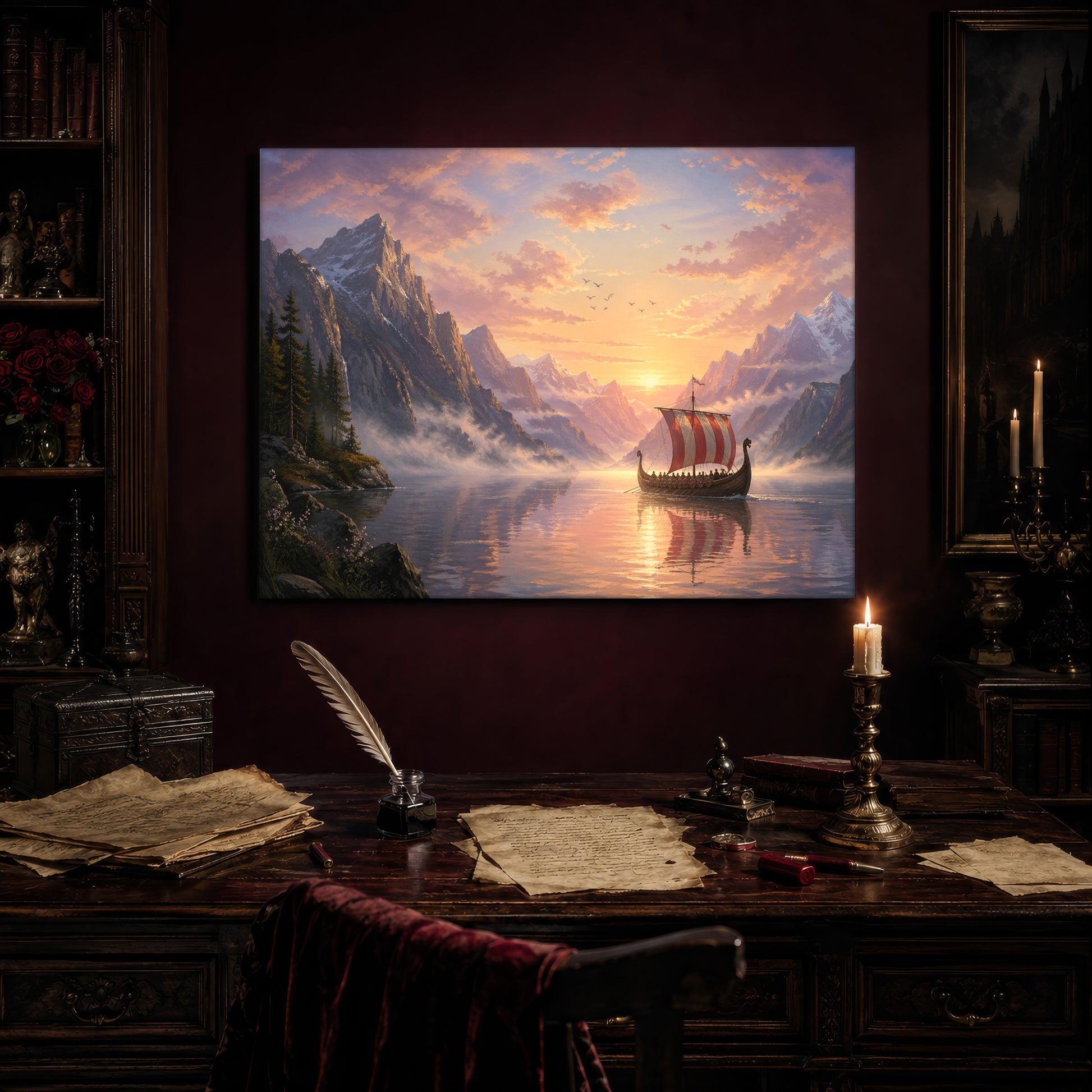 The Longship at Dawn print hanging above an antique writing desk set with a quill in an inkwell, aged manuscript pages, red wax seals and a lit brass candlestick, beside a bookcase holding red roses and a gothic painting to the right.