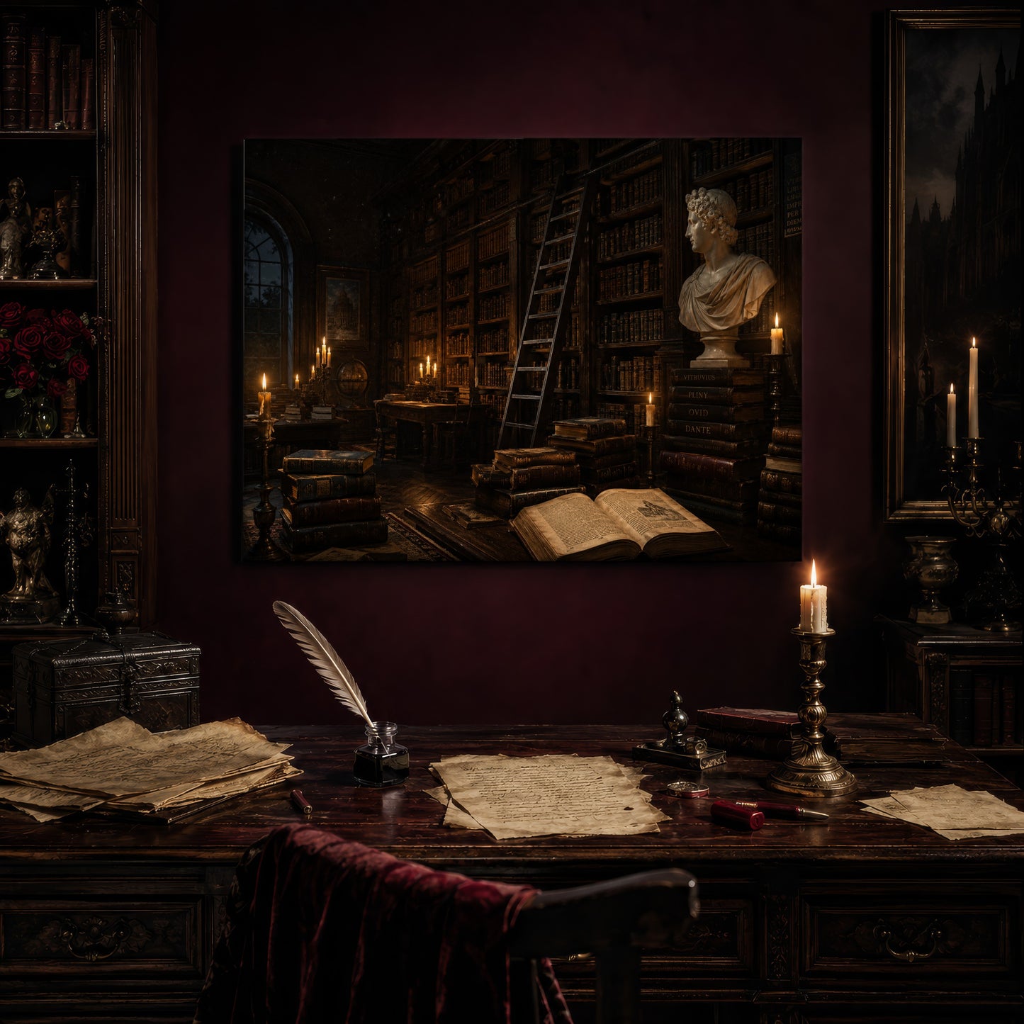 The Small Hours print hanging above an antique writing desk set with a quill in an inkwell, aged manuscript pages, red wax seals and a lit brass candlestick, beside a bookcase holding red roses and a gothic painting to the right.