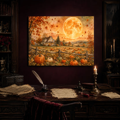 Homestead Moonrise print hanging above an antique writing desk set with a quill in an inkwell, handwritten letters, a wax seal stamp and a lit brass candlestick, beside a dark bookcase in a candlelit study.