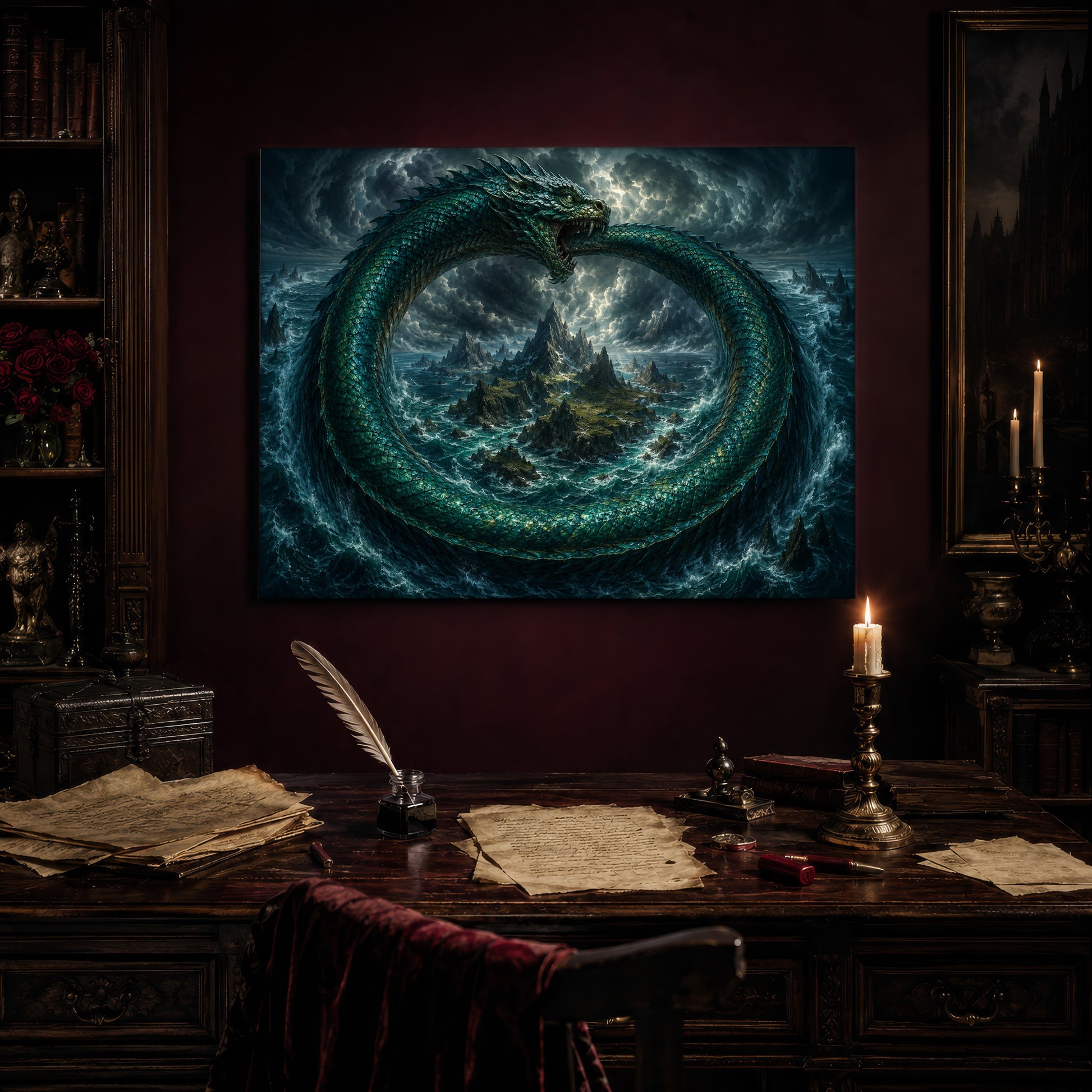 Jörmungandr print hanging above an antique writing desk set with a quill in an inkwell, aged manuscript pages, red wax seals and a lit brass candlestick, beside a bookcase holding red roses and a gothic painting to the right.