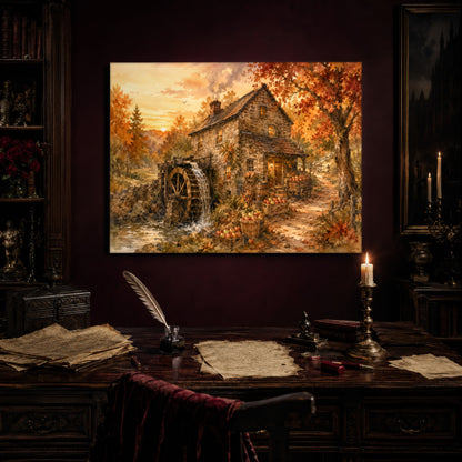 Millpond Gold print hanging above an antique carved writing desk set with a quill in an inkwell, aged letters, red wax seals and a lit brass candlestick, beside a dark bookcase and a gilt-framed Victorian portrait.