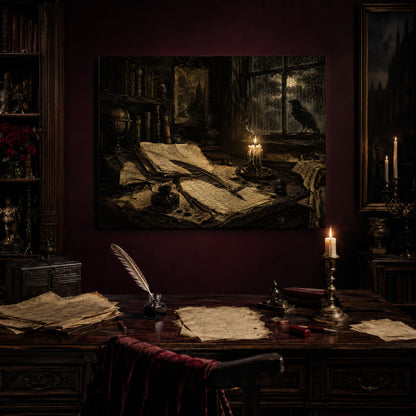The Unfinished Letter canvas hanging above a real antique writing desk set with a feather quill in a glass inkwell, loose handwritten pages, red wax seals and a lit brass candlestick, beside a dark chest and a gilt-framed painting on the wall.