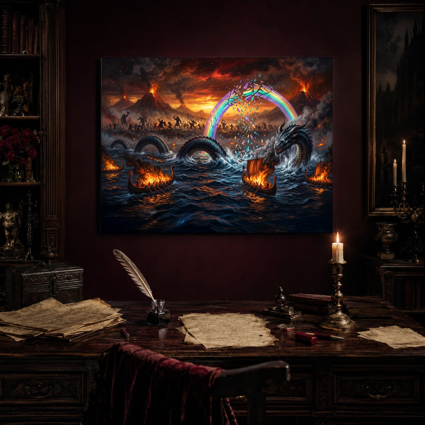 Ragnarök print hanging above an antique writing desk set with a quill in an inkwell, aged manuscript pages, red wax seals and a lit brass candlestick, beside a bookcase holding red roses and a gothic painting to the right.