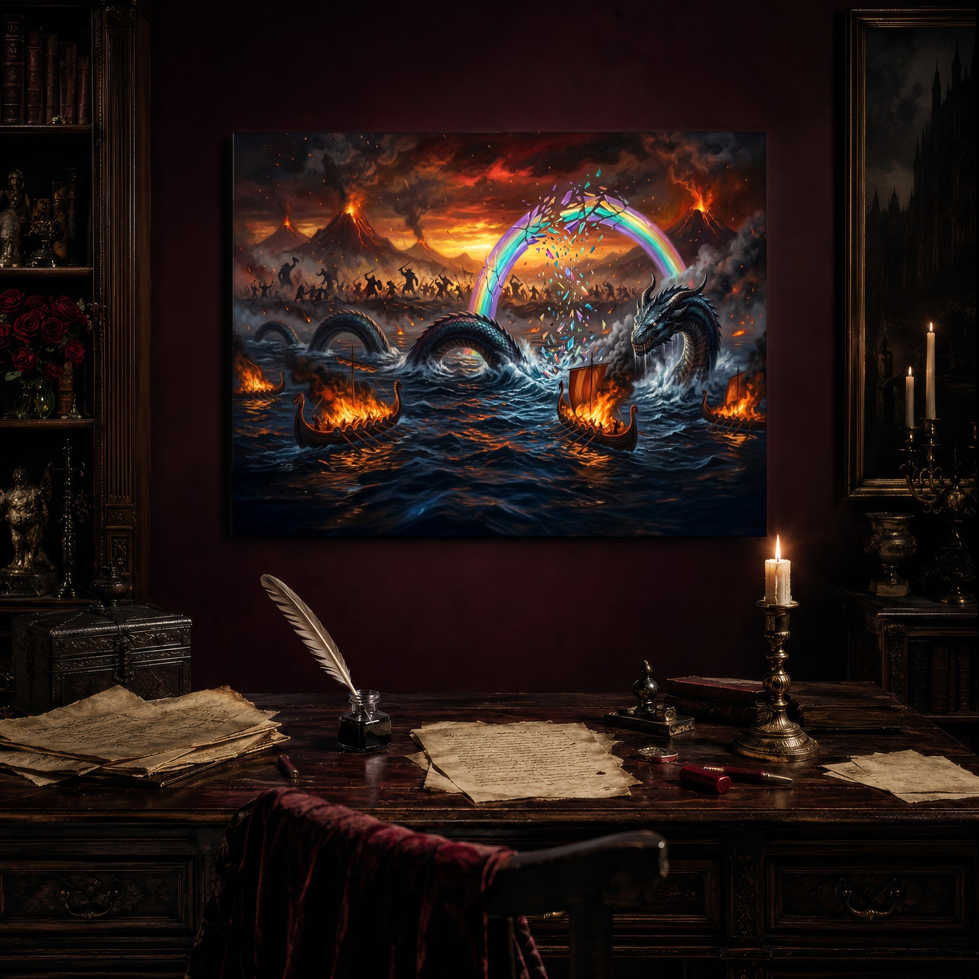 Ragnarök print hanging above an antique writing desk set with a quill in an inkwell, aged manuscript pages, red wax seals and a lit brass candlestick, beside a bookcase holding red roses and a gothic painting to the right.