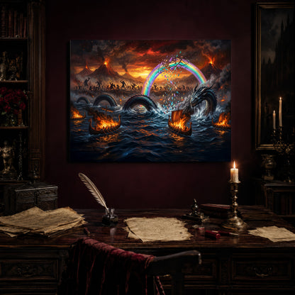 Ragnarök print hanging above an antique writing desk set with a quill in an inkwell, aged manuscript pages, red wax seals and a lit brass candlestick, beside a bookcase holding red roses and a gothic painting to the right.