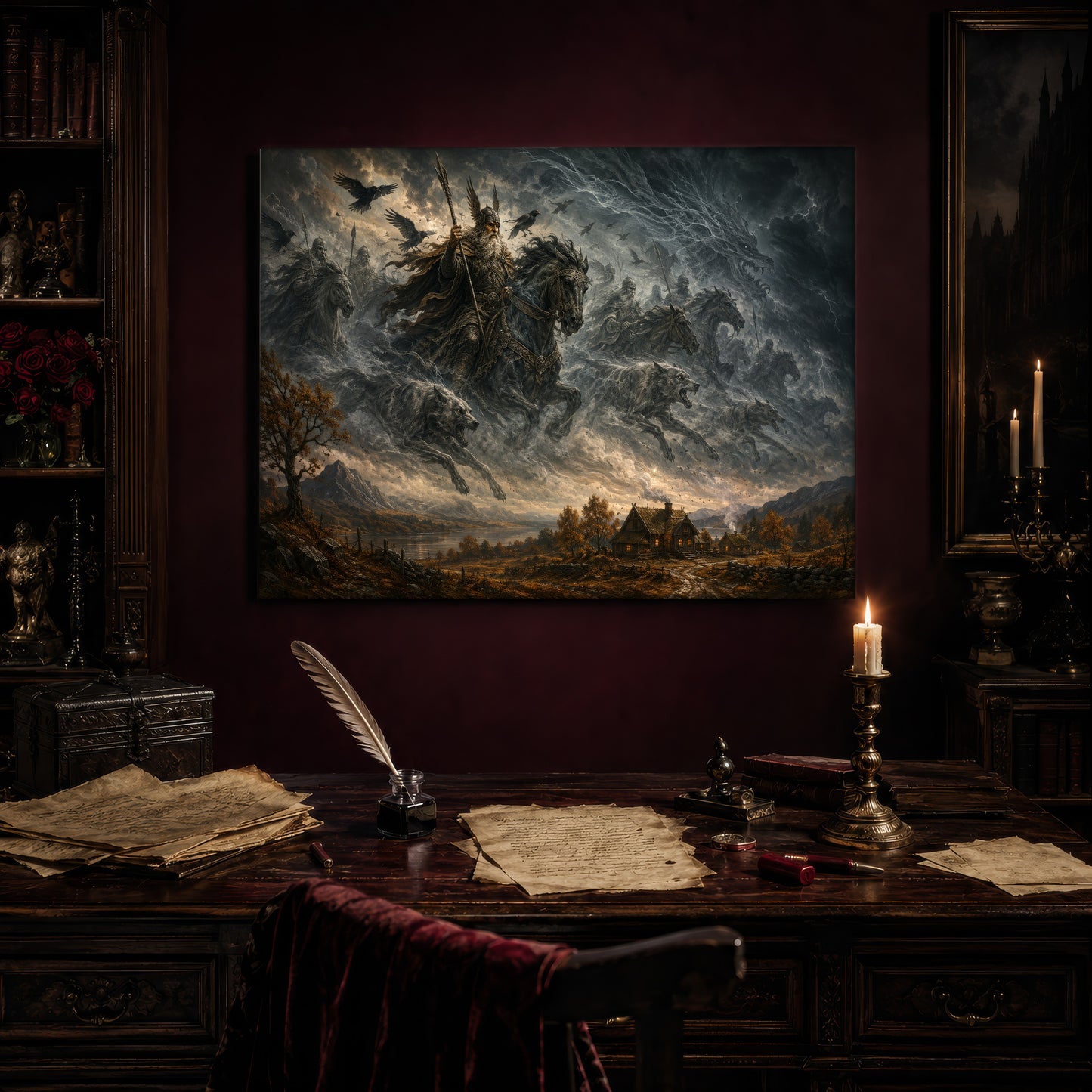 Oskoreia print hanging above an antique writing desk set with a quill in an inkwell, aged manuscript pages, red wax seals and a lit brass candlestick, beside a bookcase holding red roses and a gilt-framed painting to the right.