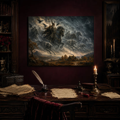 Oskoreia print hanging above an antique writing desk set with a quill in an inkwell, aged manuscript pages, red wax seals and a lit brass candlestick, beside a bookcase holding red roses and a gilt-framed painting to the right.