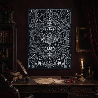 Vanitas engraved moth print hanging above an antique carved writing desk set with a quill in an inkwell, aged letters, red wax seals and a lit brass candlestick, beside a dark bookcase and a gilt-framed Victorian portrait.