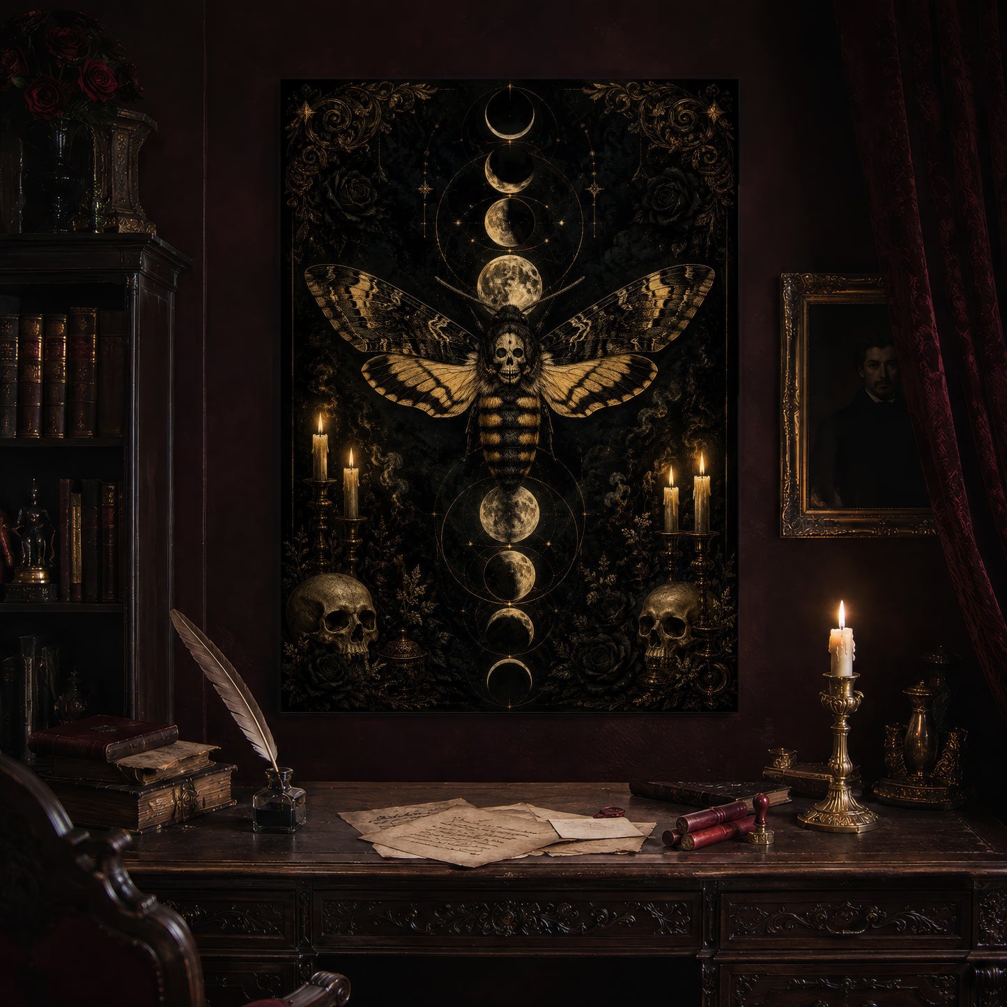 Acherontia print hanging above an antique carved writing desk set with a quill in an inkwell, aged letters, red wax seals and a lit brass candlestick, beside a dark bookcase and a gilt-framed Victorian portrait.