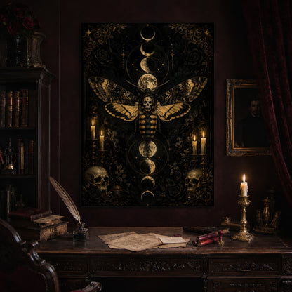 Acherontia print hanging above an antique carved writing desk set with a quill in an inkwell, aged letters, red wax seals and a lit brass candlestick, beside a dark bookcase and a gilt-framed Victorian portrait.