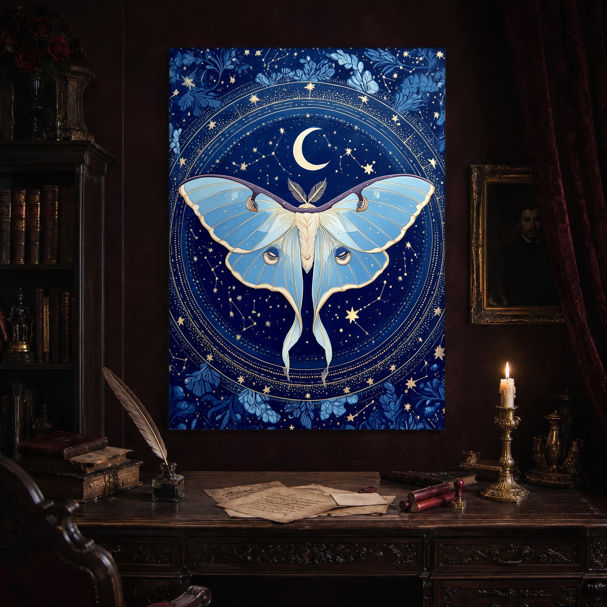 The Blue Hour constellation canvas hanging above an antique carved writing desk set with a quill in an inkwell, aged letters, red wax seals and a lit brass candlestick, beside a dark bookcase and a gilt-framed Victorian portrait.