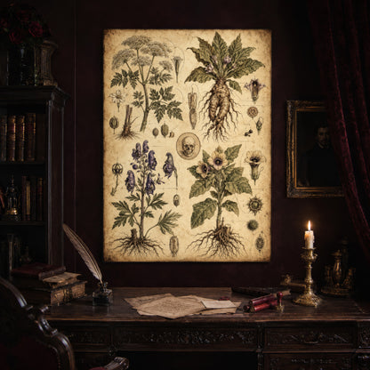 Poison Garden chart hanging above an antique carved writing desk set with a quill in an inkwell, aged letters, red wax seals and a lit brass candlestick, beside a dark bookcase and a gilt-framed Victorian portrait.