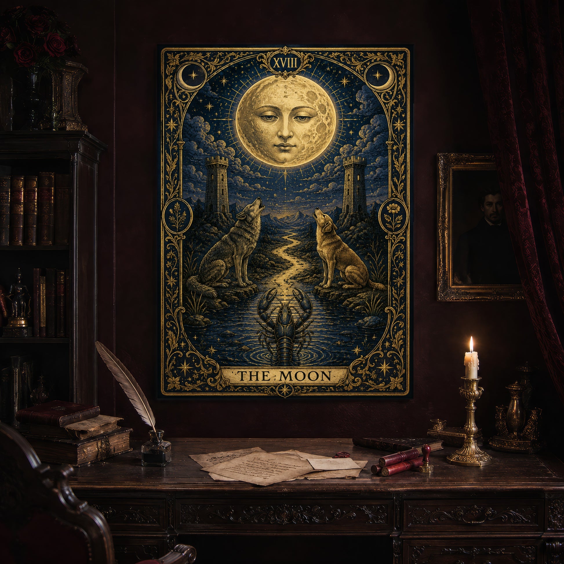 La Lune gilded card print hanging above an antique carved writing desk set with a quill in an inkwell, aged letters, red wax seals and a lit brass candlestick, beside a dark bookcase and a gilt-framed Victorian portrait.