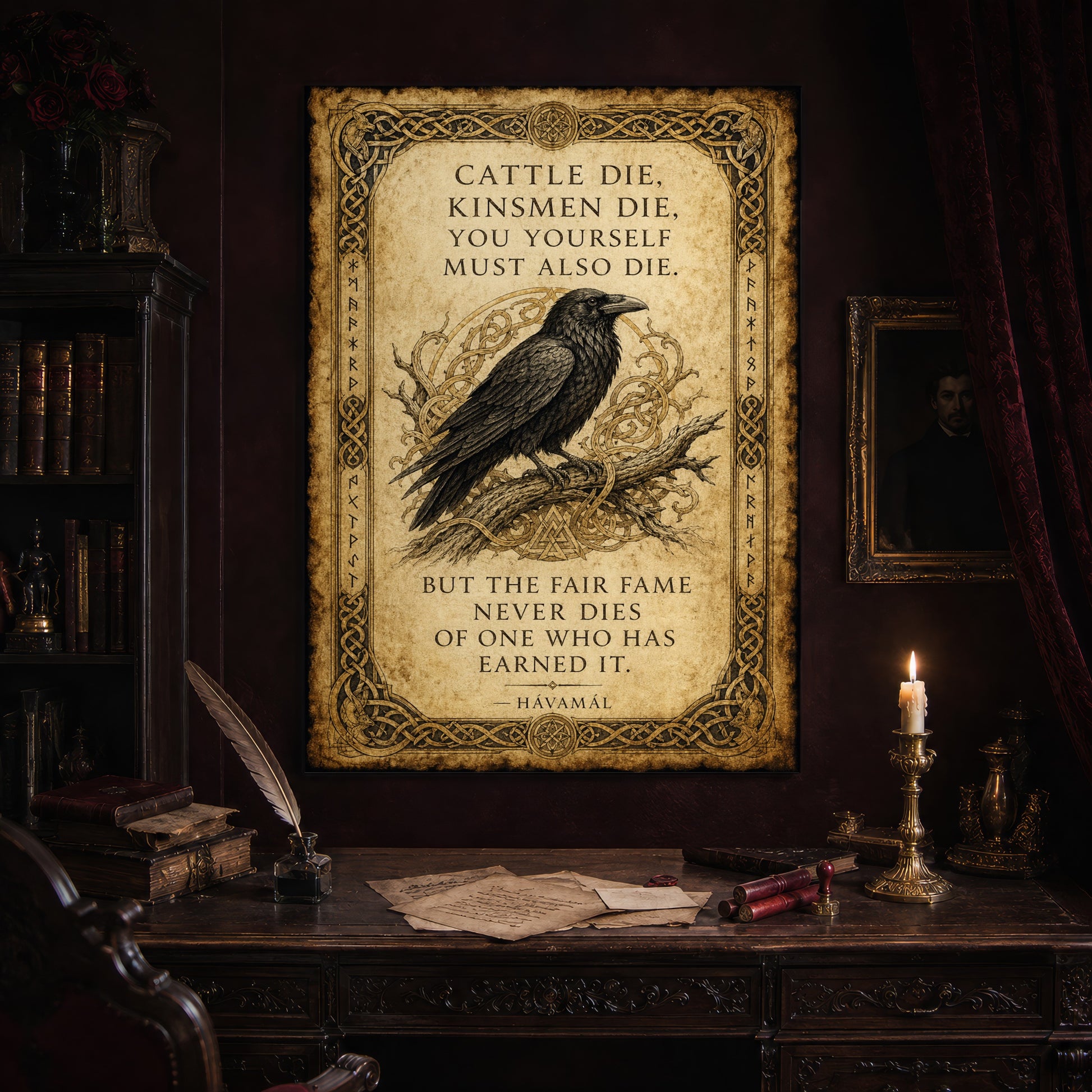 Hávamál print hanging above an antique carved writing desk set with a quill in an inkwell, aged letters, red wax seals and a lit brass candlestick, beside a dark bookcase and a gilt-framed Victorian portrait.
