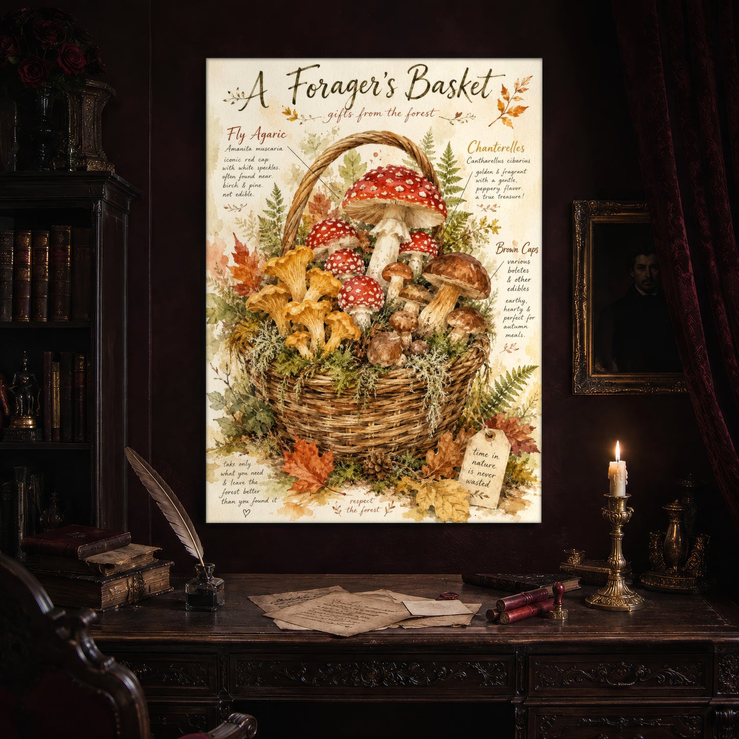 A Forager's Basket print hanging above an antique carved writing desk set with a quill in an inkwell, aged letters, red wax seals and a lit brass candlestick, beside a dark bookcase and a gilt-framed Victorian portrait.