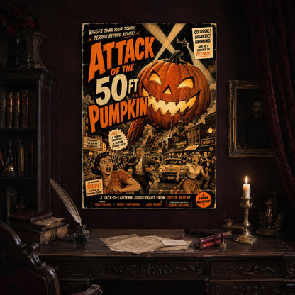 The Pumpkin That Ate Main Street print hanging above an antique carved writing desk set with a quill in an inkwell, aged letters, red wax seals and a lit brass candlestick, beside a dark bookcase and a gilt-framed Victorian portrait.
