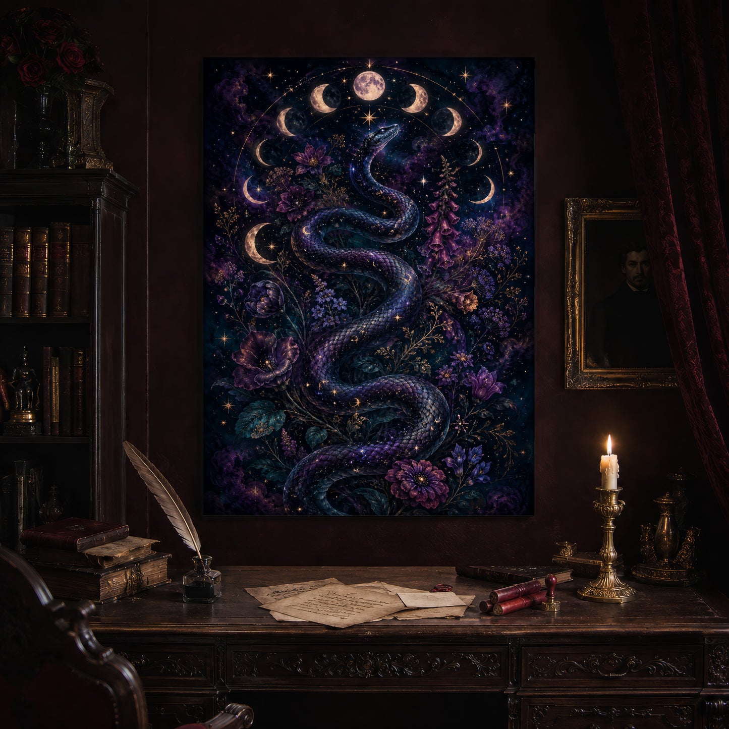Celestial Serpent print hanging above an antique carved writing desk set with a quill in an inkwell, aged letters, red wax seals and a lit brass candlestick, beside a dark bookcase and a gilt-framed Victorian portrait.