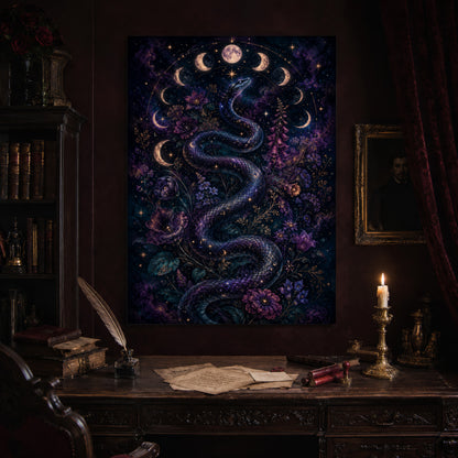 Celestial Serpent print hanging above an antique carved writing desk set with a quill in an inkwell, aged letters, red wax seals and a lit brass candlestick, beside a dark bookcase and a gilt-framed Victorian portrait.