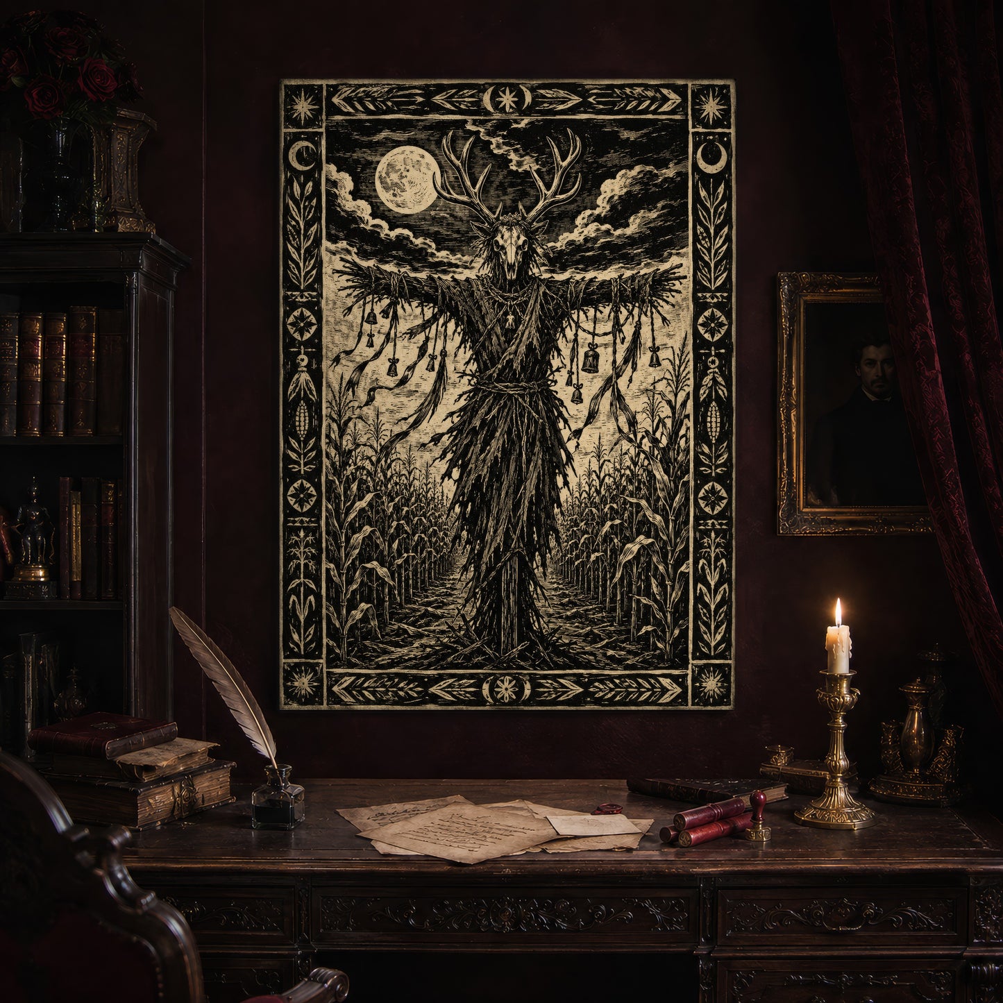 The Corn Sentinel print hanging above an antique carved writing desk set with a quill in an inkwell, handwritten letters, red wax seals and a lit brass candlestick, beside a dark bookcase and a gilt-framed portrait.