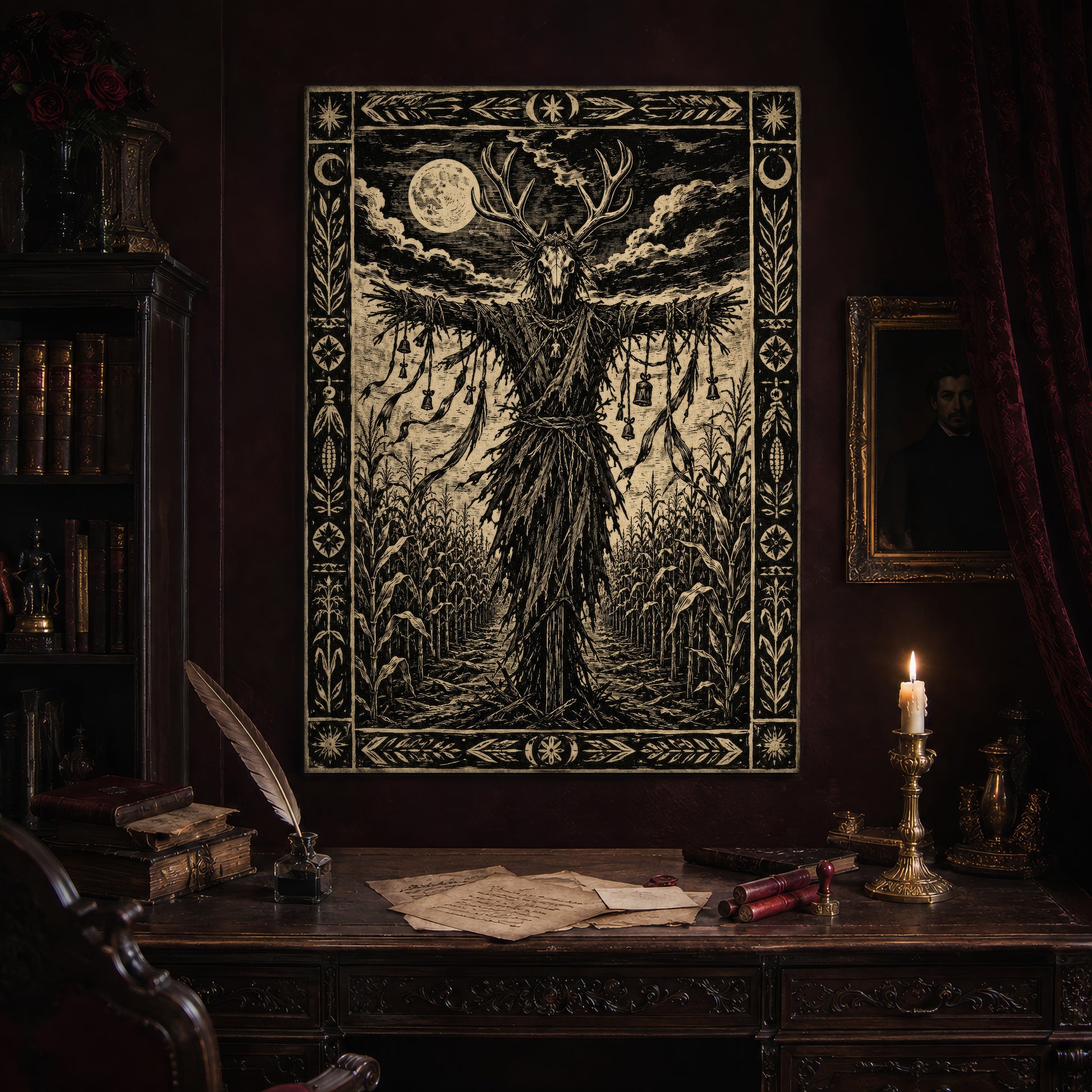 The Corn Sentinel print hanging above an antique carved writing desk set with a quill in an inkwell, handwritten letters, red wax seals and a lit brass candlestick, beside a dark bookcase and a gilt-framed portrait.