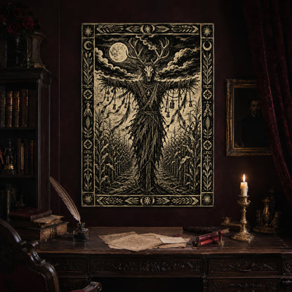 The Corn Sentinel print hanging above an antique carved writing desk set with a quill in an inkwell, handwritten letters, red wax seals and a lit brass candlestick, beside a dark bookcase and a gilt-framed portrait.