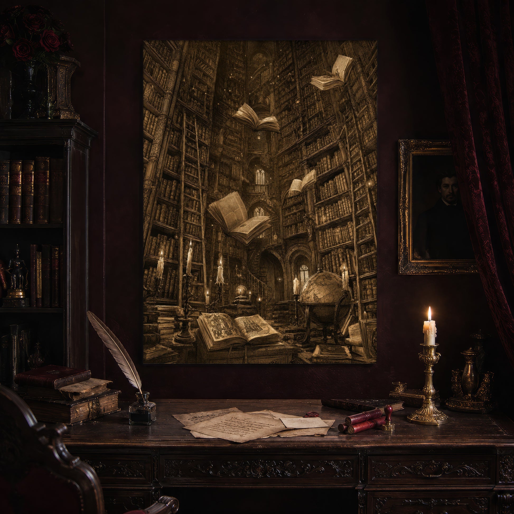 The Untethered Athenaeum print hanging above an antique carved writing desk set with a quill in an inkwell, aged letters, red wax seals and a lit brass candlestick, beside a dark bookcase and a gilt-framed Victorian portrait.
