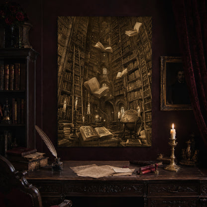 The Untethered Athenaeum print hanging above an antique carved writing desk set with a quill in an inkwell, aged letters, red wax seals and a lit brass candlestick, beside a dark bookcase and a gilt-framed Victorian portrait.