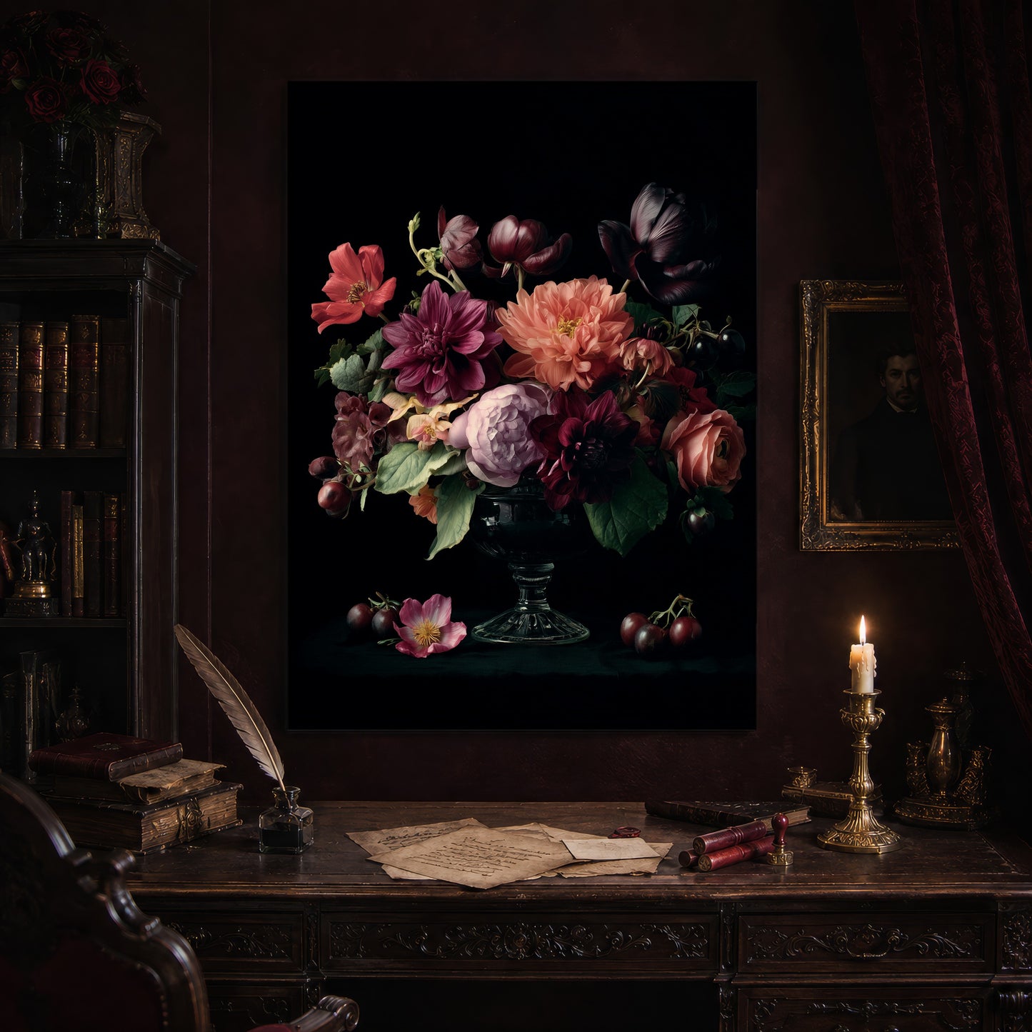 Tazza print hanging above an antique carved writing desk set with a quill in an inkwell, aged letters, red wax seals and a lit brass candlestick, beside a dark bookcase and a gilt-framed Victorian portrait.
