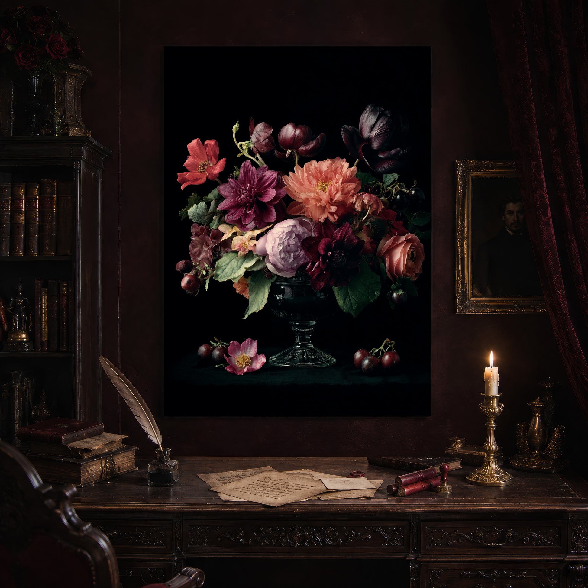 Tazza print hanging above an antique carved writing desk set with a quill in an inkwell, aged letters, red wax seals and a lit brass candlestick, beside a dark bookcase and a gilt-framed Victorian portrait.
