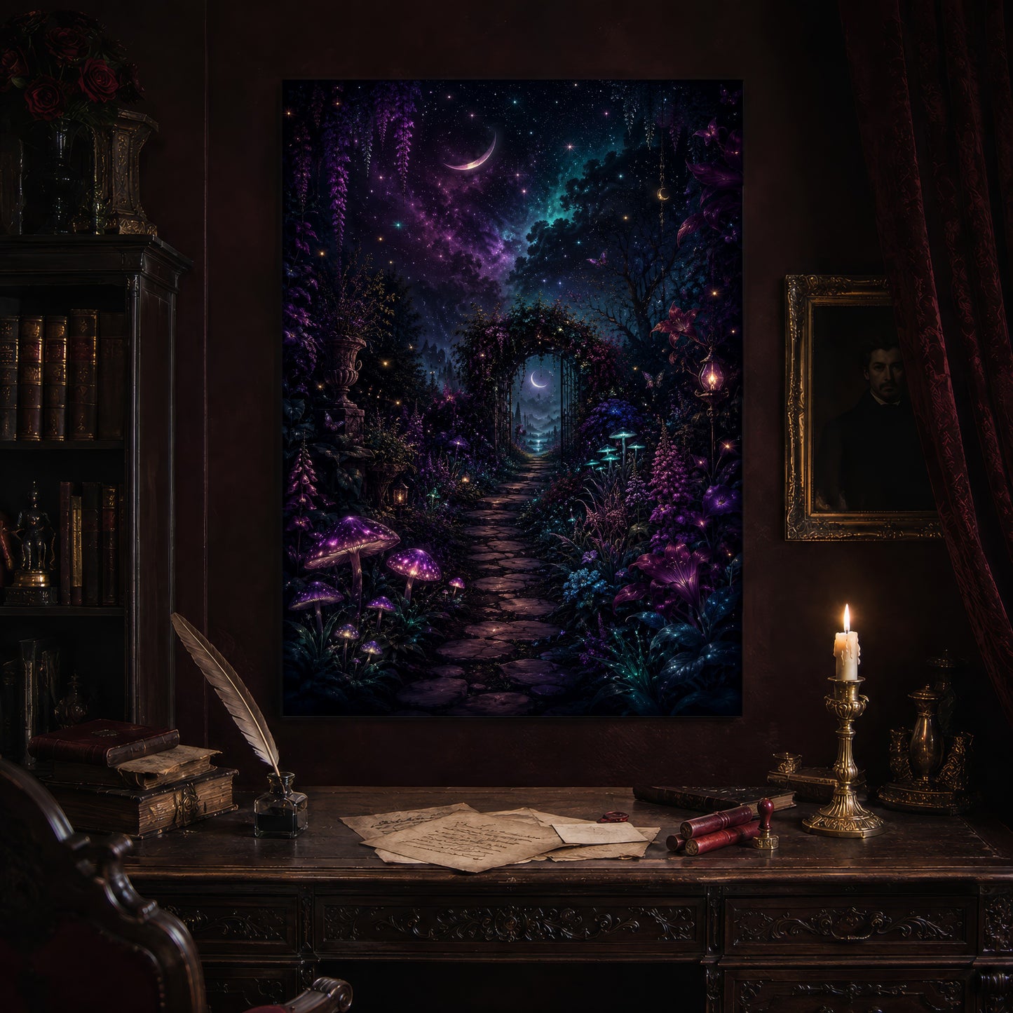 The Midnight Garden print hanging above an antique carved writing desk set with a quill in an inkwell, aged letters, red wax seals and a lit brass candlestick, beside a dark bookcase and a gilt-framed Victorian portrait.