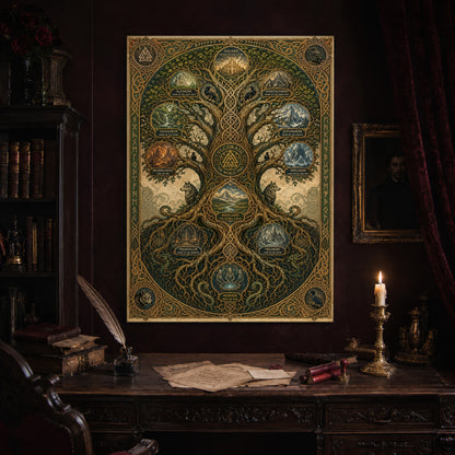 The Nine Realms map print hanging above an antique carved writing desk set with a quill in an inkwell, aged letters, red wax seals and a lit brass candlestick, beside a dark bookcase and a gilt-framed Victorian portrait.