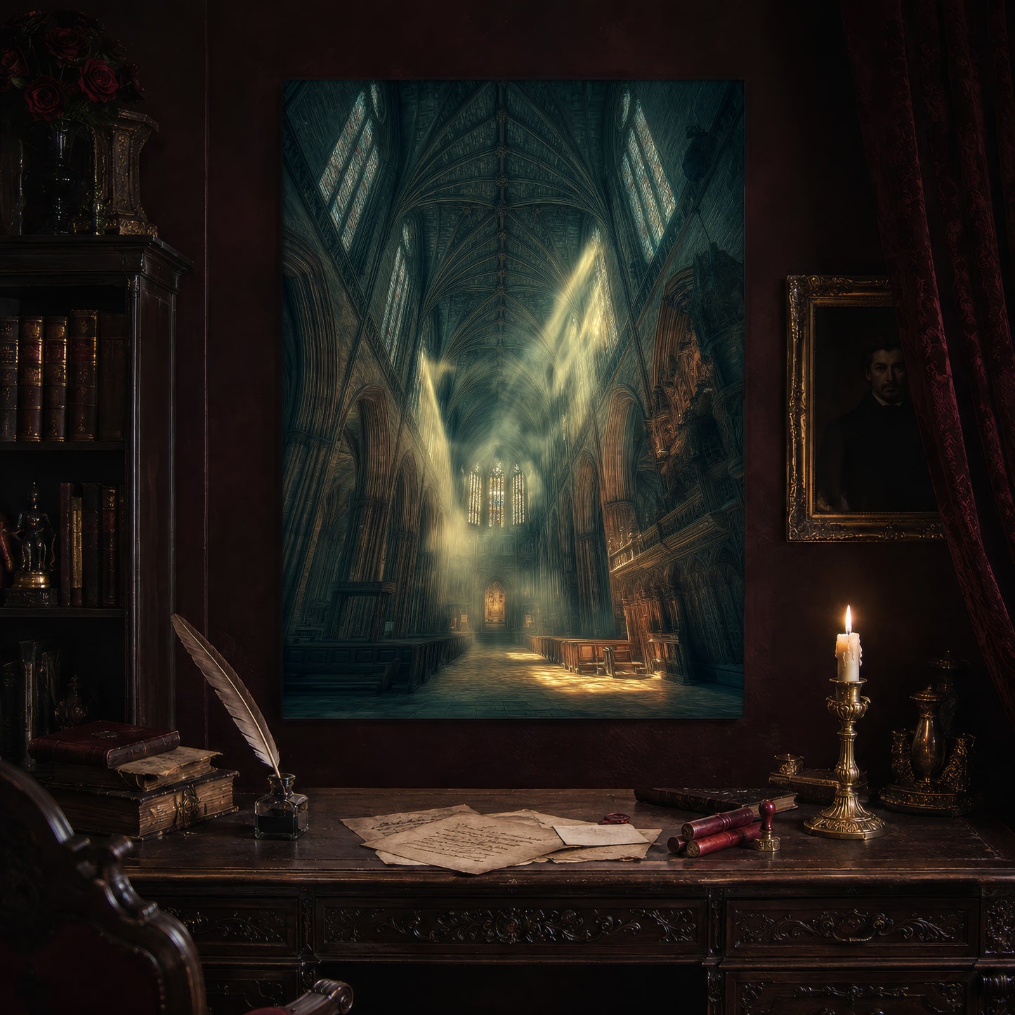 Compline print hanging above an antique carved writing desk set with a quill in an inkwell, aged letters, red wax seals and a lit brass candlestick, beside a dark bookcase and a gilt-framed Victorian portrait.