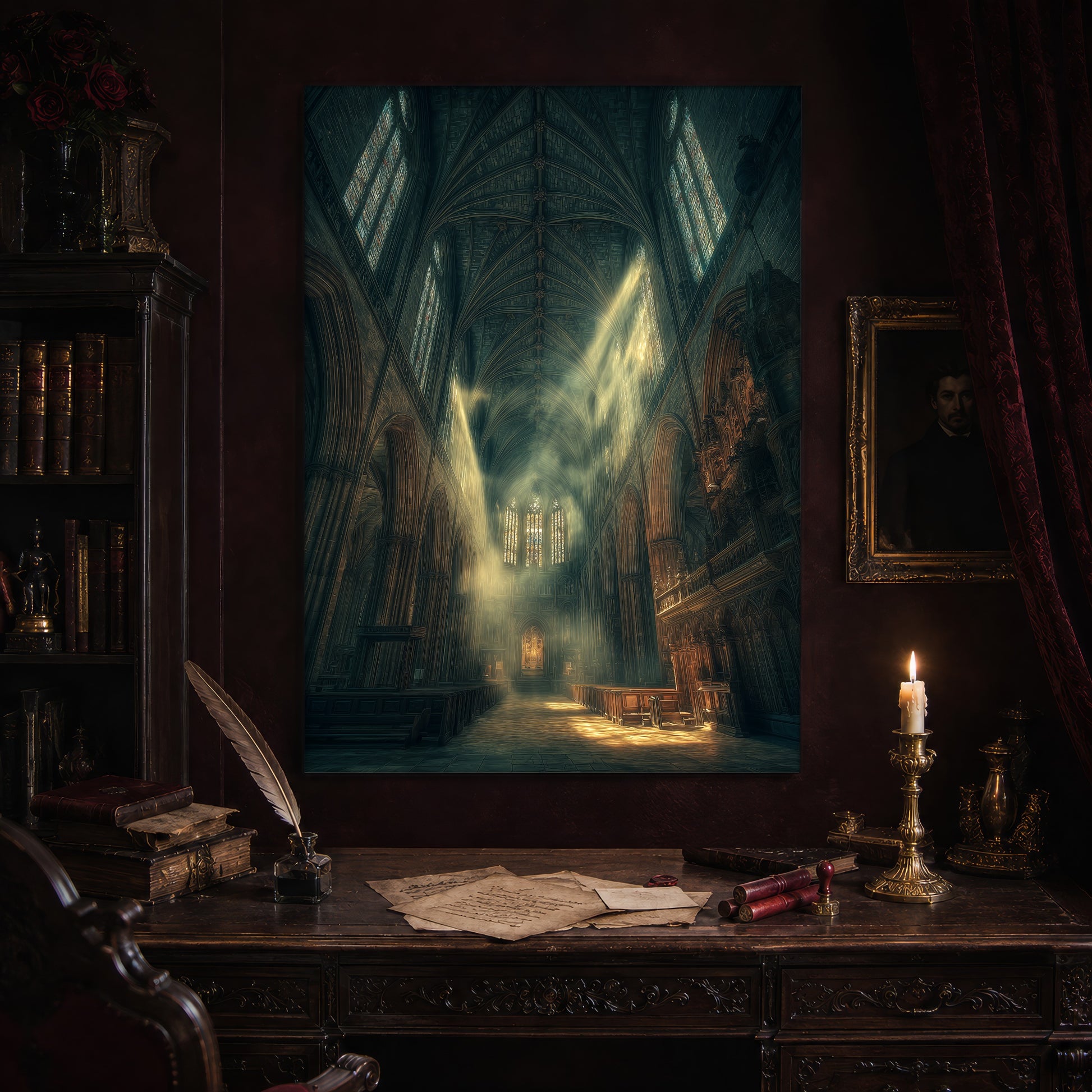 Compline print hanging above an antique carved writing desk set with a quill in an inkwell, aged letters, red wax seals and a lit brass candlestick, beside a dark bookcase and a gilt-framed Victorian portrait.