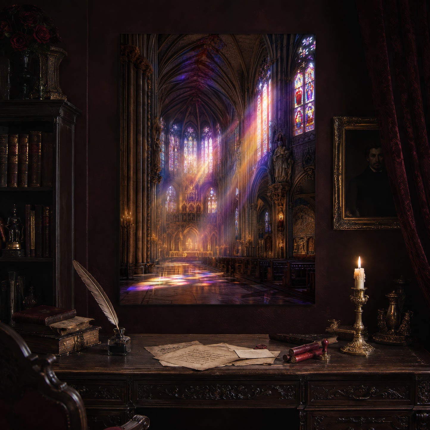 Gloria print hanging above an antique carved writing desk set with a quill in an inkwell, aged letters, red wax seals and a lit brass candlestick, beside a dark bookcase and a gilt-framed Victorian portrait.