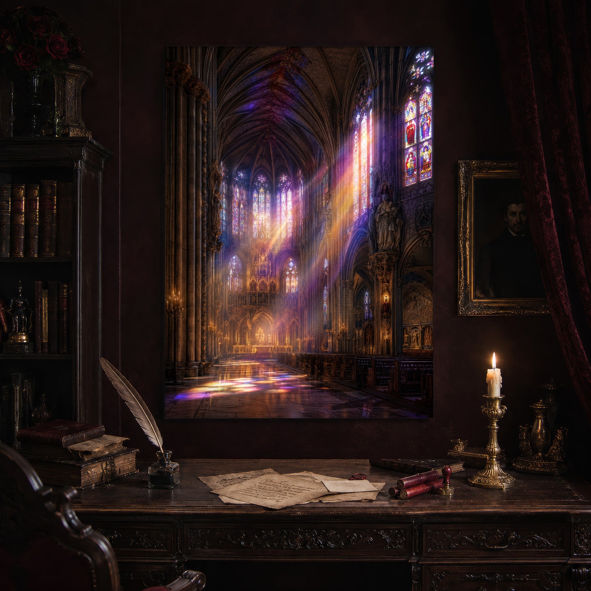 Gloria print hanging above an antique carved writing desk set with a quill in an inkwell, aged letters, red wax seals and a lit brass candlestick, beside a dark bookcase and a gilt-framed Victorian portrait.
