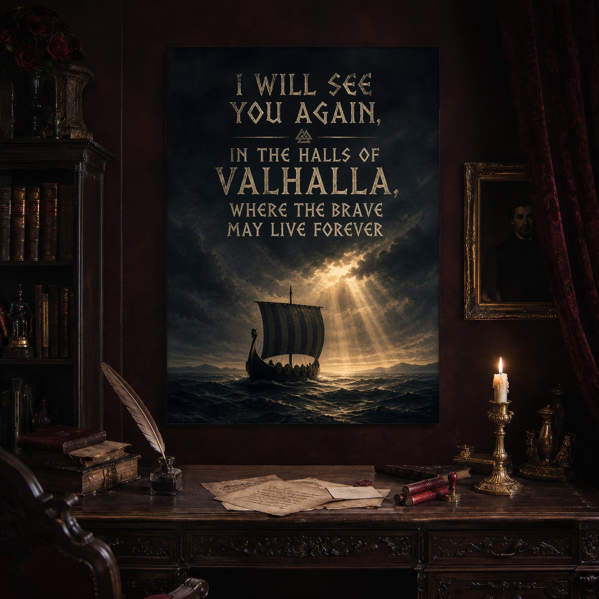Valhalla Awaits print hanging above an antique carved writing desk set with a quill in an inkwell, aged letters, red wax seals and a lit brass candlestick, beside a dark bookcase and a gilt-framed Victorian portrait.