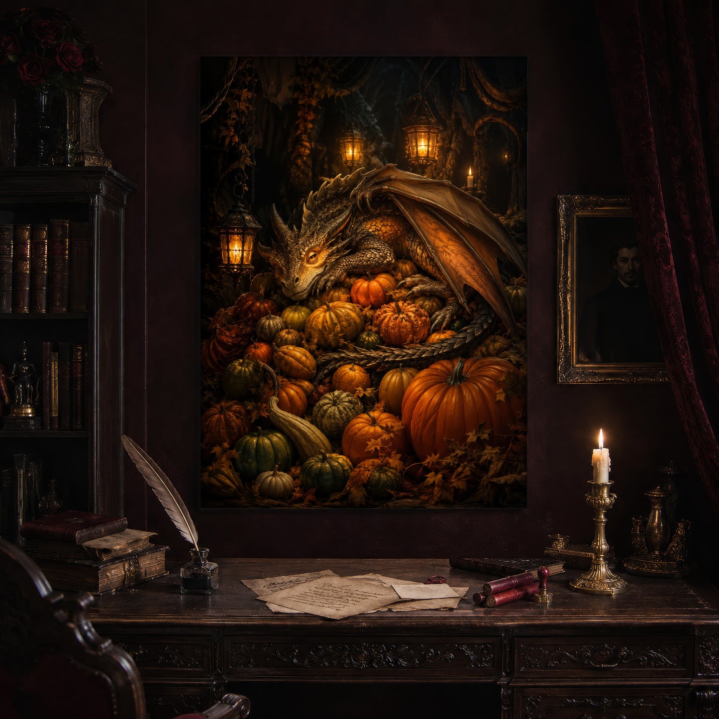 The Pumpkin Den print hanging above an antique carved writing desk set with a quill in an inkwell, handwritten letters, red wax seals and a lit brass candlestick, beside a dark bookcase and a gilt-framed portrait.