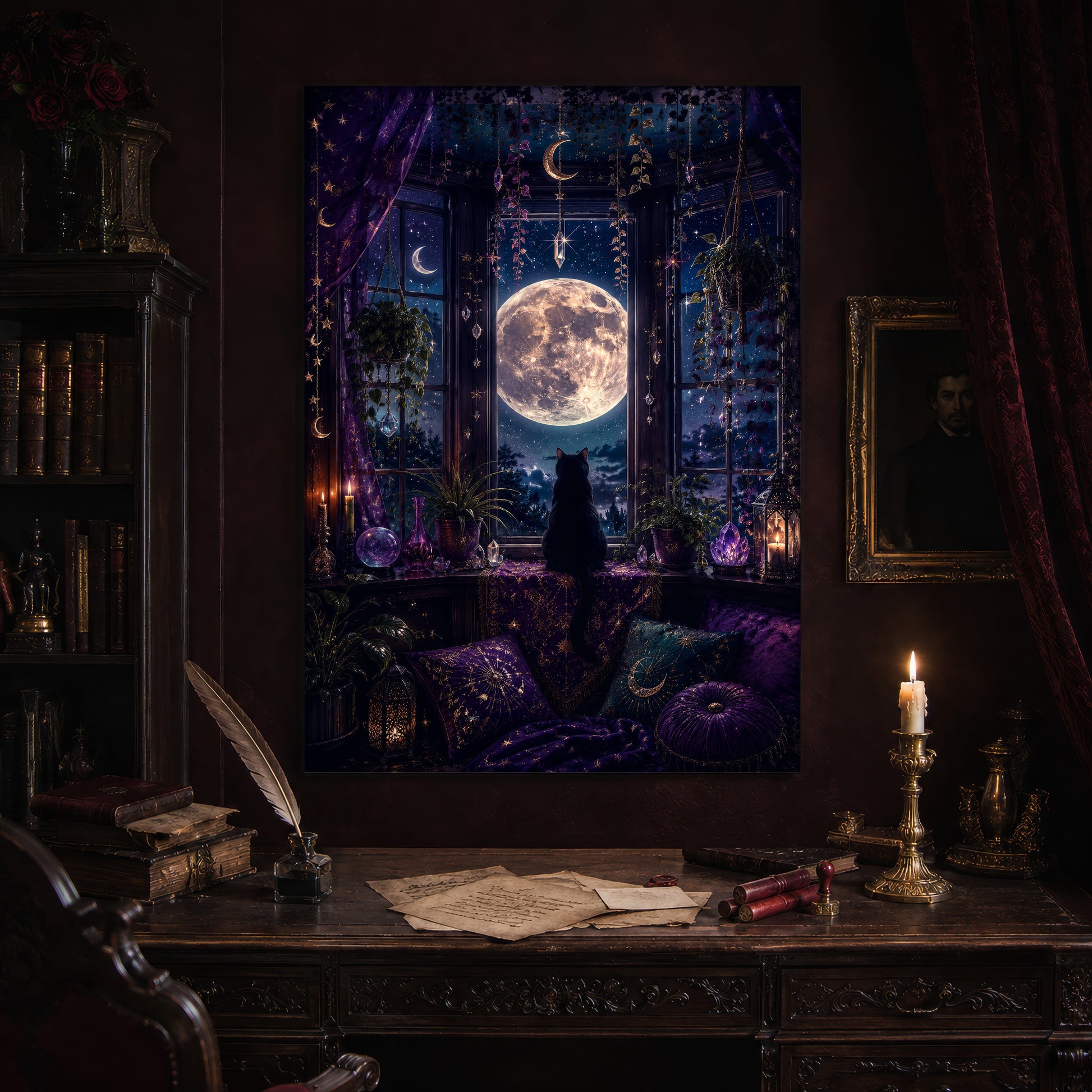 Witch's Window print hanging above an antique carved writing desk set with a quill in an inkwell, aged letters, red wax seals and a lit brass candlestick, beside a dark bookcase and a gilt-framed Victorian portrait.