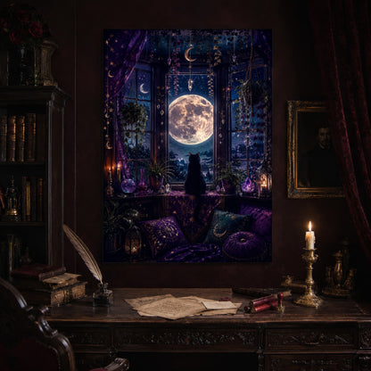 Witch's Window print hanging above an antique carved writing desk set with a quill in an inkwell, aged letters, red wax seals and a lit brass candlestick, beside a dark bookcase and a gilt-framed Victorian portrait.