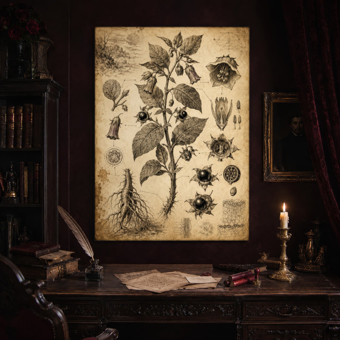 Belladonna plate hanging above an antique carved writing desk set with a quill in an inkwell, aged letters, red wax seals and a lit brass candlestick, beside a dark bookcase and a gilt-framed Victorian portrait.