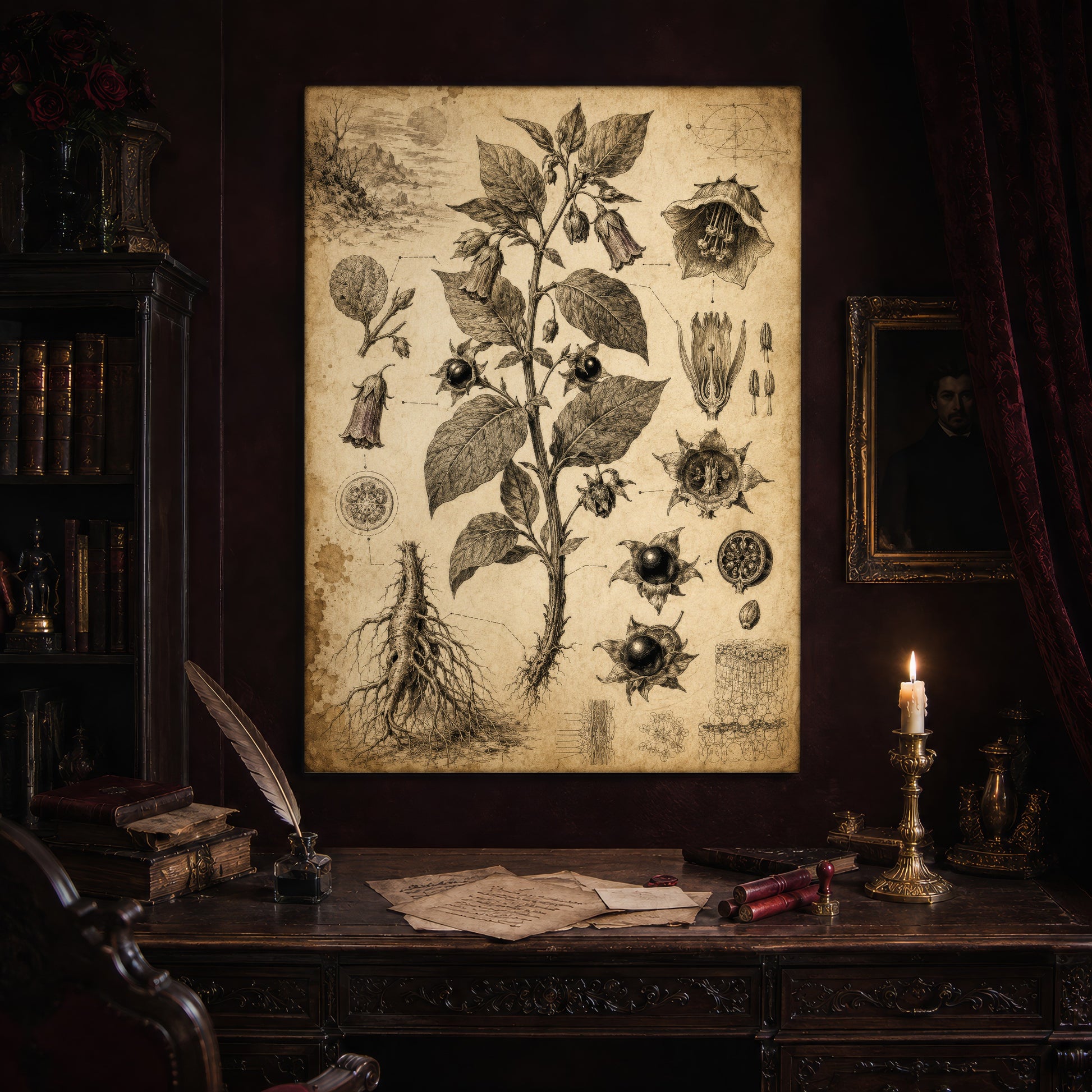 Belladonna plate hanging above an antique carved writing desk set with a quill in an inkwell, aged letters, red wax seals and a lit brass candlestick, beside a dark bookcase and a gilt-framed Victorian portrait.