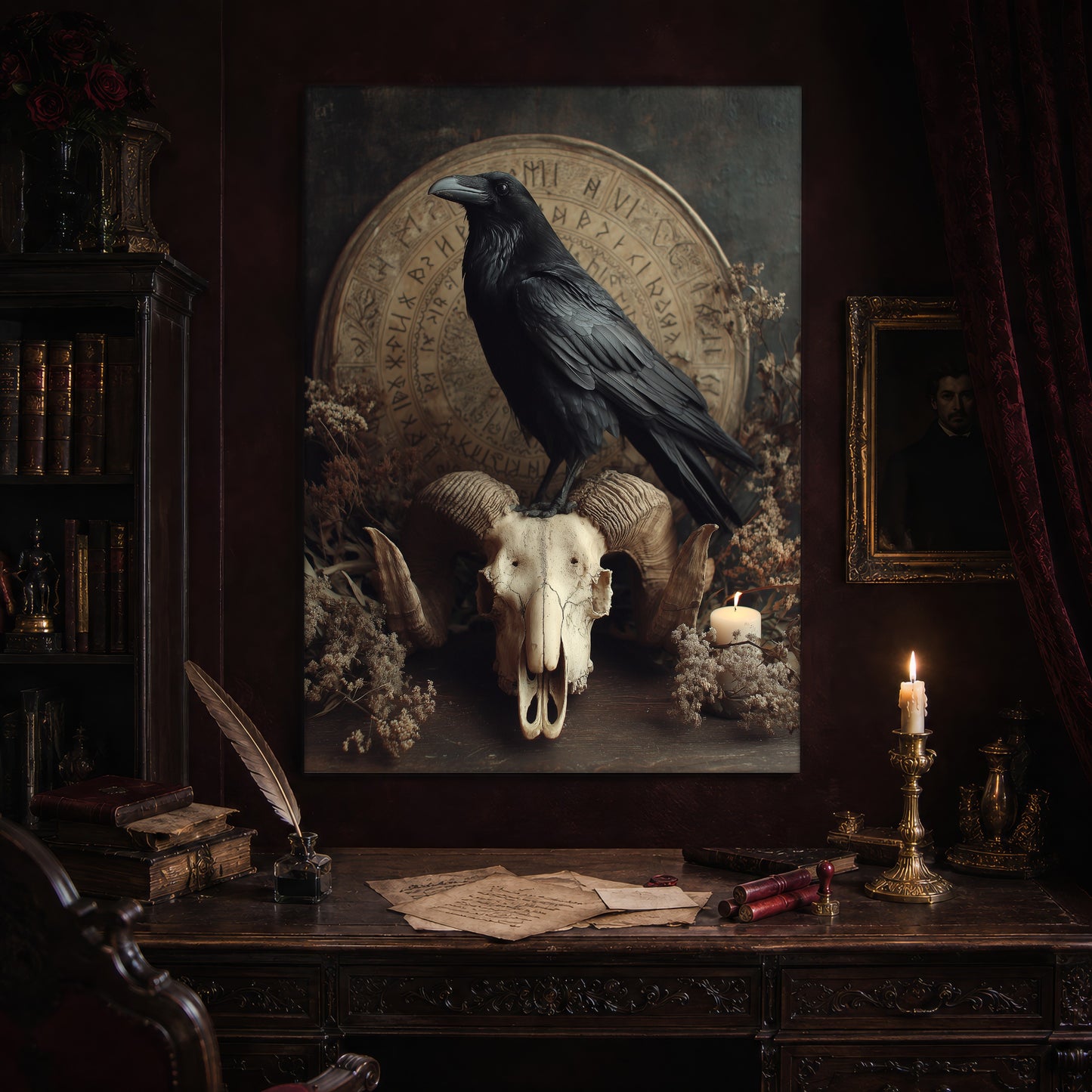 Hrafn print hanging above an antique carved writing desk set with a quill in an inkwell, aged letters, red wax seals and a lit brass candlestick, beside a dark bookcase and a gilt-framed Victorian portrait.