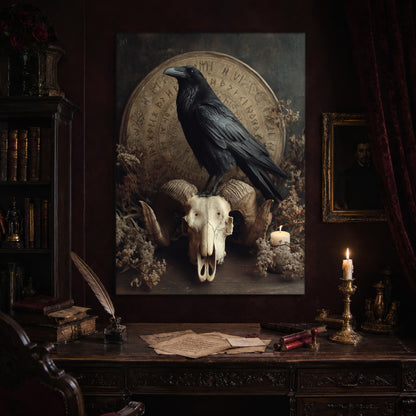 Hrafn print hanging above an antique carved writing desk set with a quill in an inkwell, aged letters, red wax seals and a lit brass candlestick, beside a dark bookcase and a gilt-framed Victorian portrait.