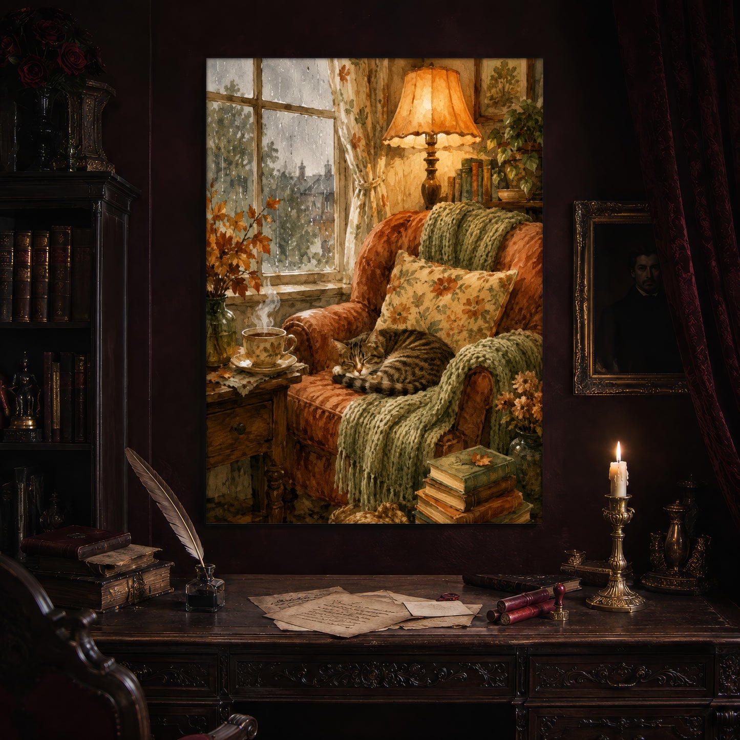 Tabby's Teatime Nap print hanging above an antique writing desk set with a quill in an inkwell, handwritten letters, a wax seal stamp and a lit brass candlestick, beside a tall dark bookcase in a candlelit study.