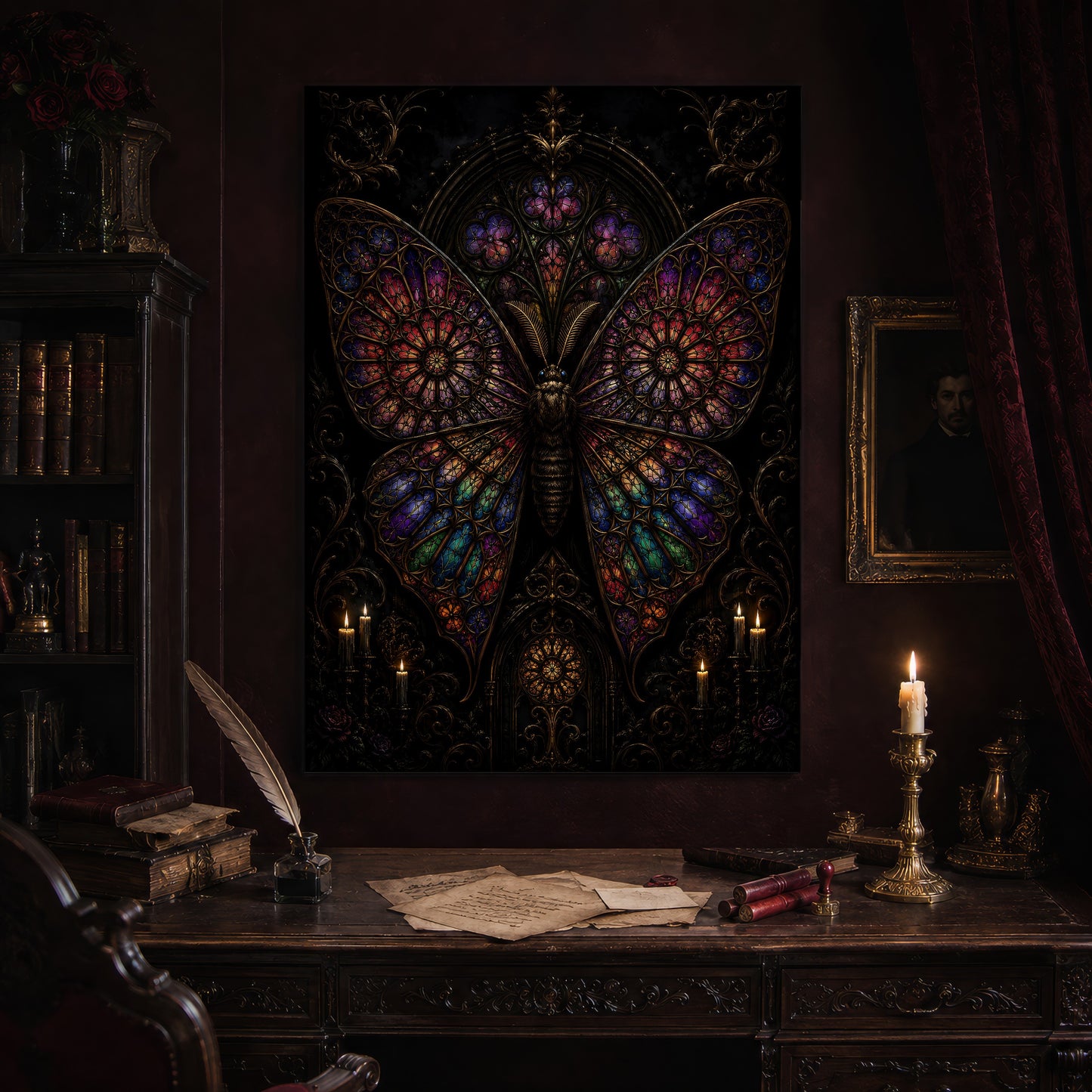 Vitrarium print hanging above an antique carved writing desk set with a quill in an inkwell, aged letters, red wax seals and a lit brass candlestick, beside a dark bookcase and a gilt-framed Victorian portrait.