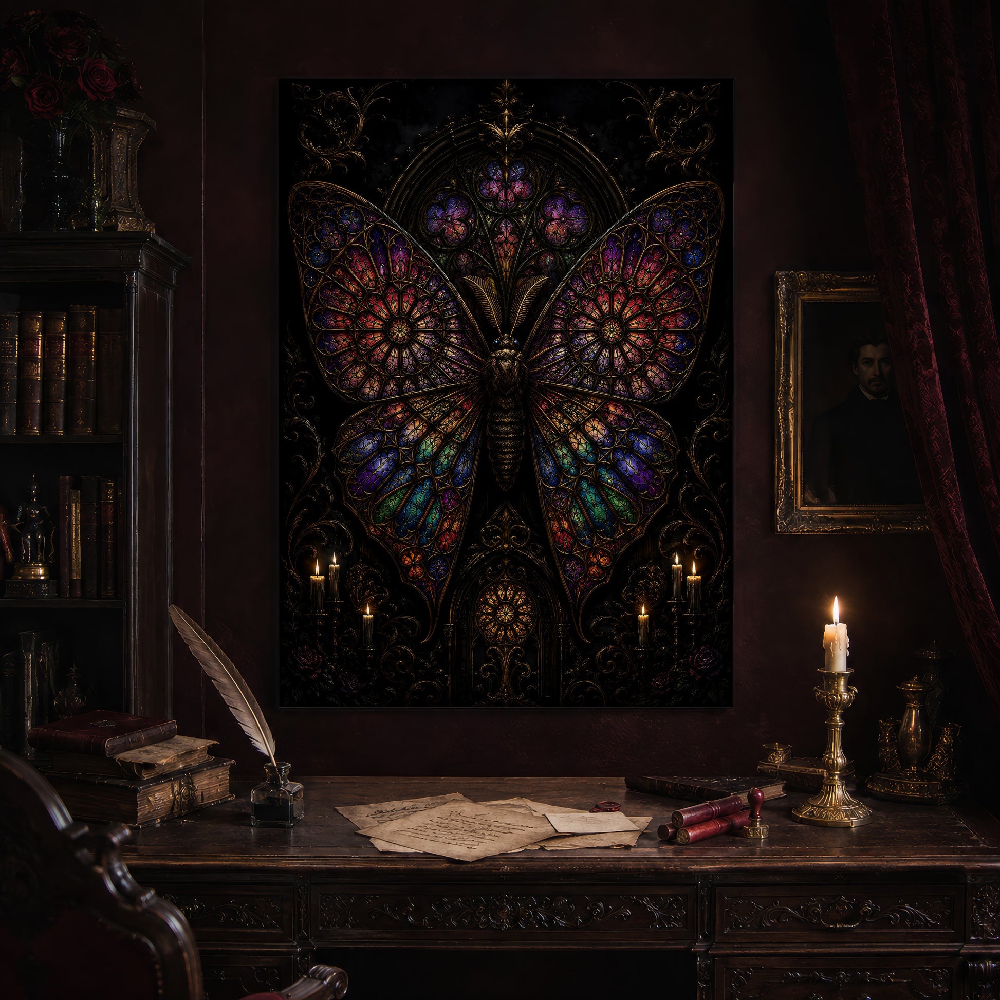 Vitrarium print hanging above an antique carved writing desk set with a quill in an inkwell, aged letters, red wax seals and a lit brass candlestick, beside a dark bookcase and a gilt-framed Victorian portrait.