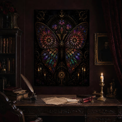 Vitrarium print hanging above an antique carved writing desk set with a quill in an inkwell, aged letters, red wax seals and a lit brass candlestick, beside a dark bookcase and a gilt-framed Victorian portrait.