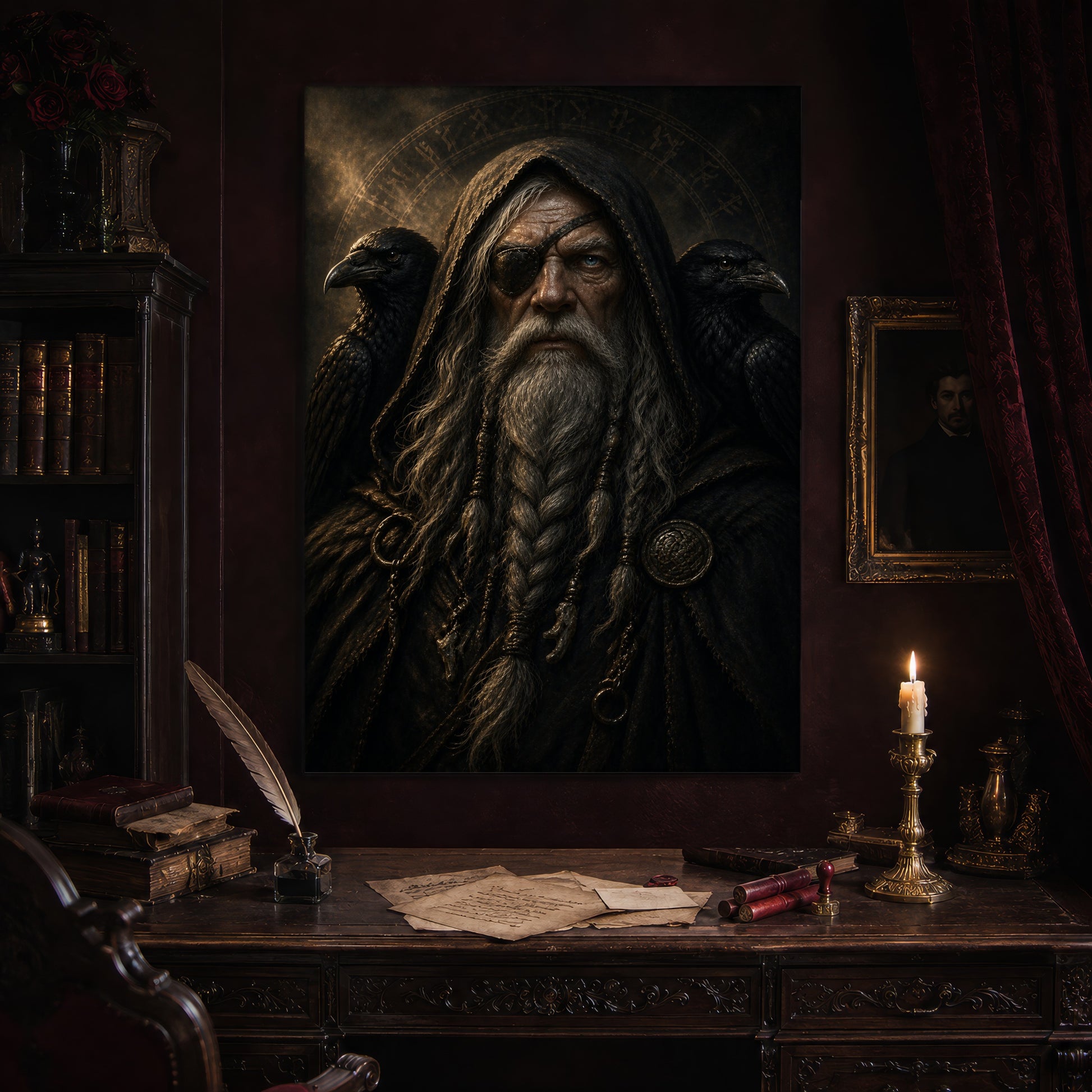 The Allfather print hanging above an antique carved writing desk set with a quill in an inkwell, aged letters, red wax seals and a lit brass candlestick, beside a dark bookcase and a gilt-framed Victorian portrait.